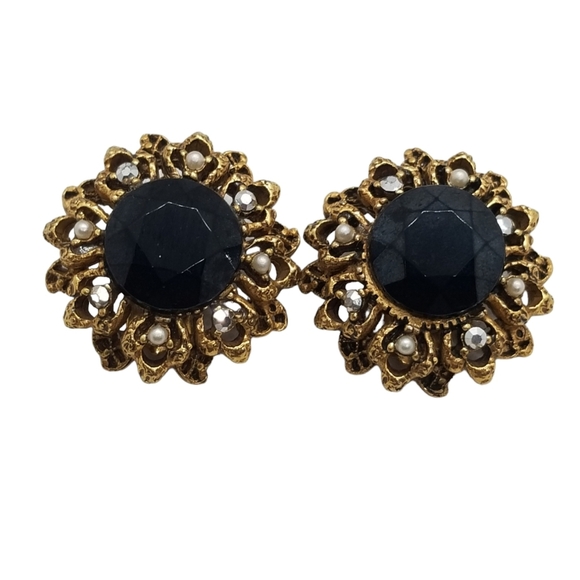 FLORENZA 1960 GOLDTONED, BLACK GLASS & FAUX PEARL STATEMENT CLIP ON EARRINGS - Picture 3 of 6